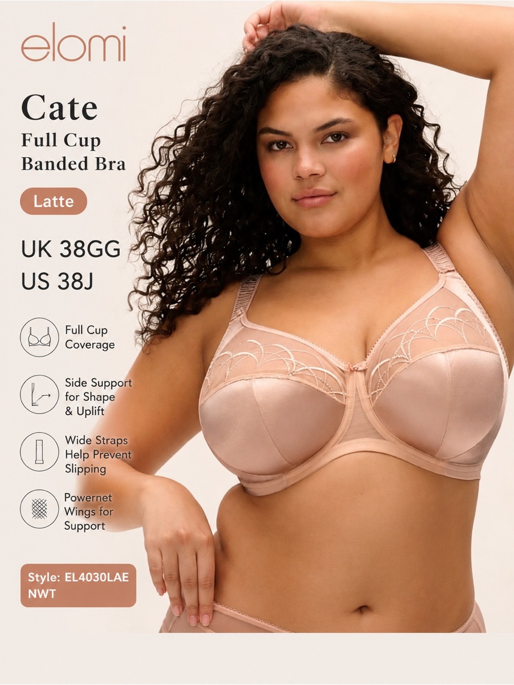 Elomi Cate Full Cup Banded Underwire Bra Latte US 38J NWT
